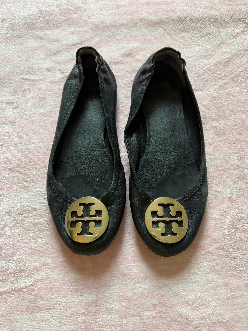 Tory Burch Black Leather Ballet Flats with Gold Logo Medallions
